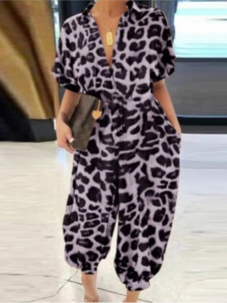 Summer Fashion V-Neck Button Lace-Up Jumpsuit