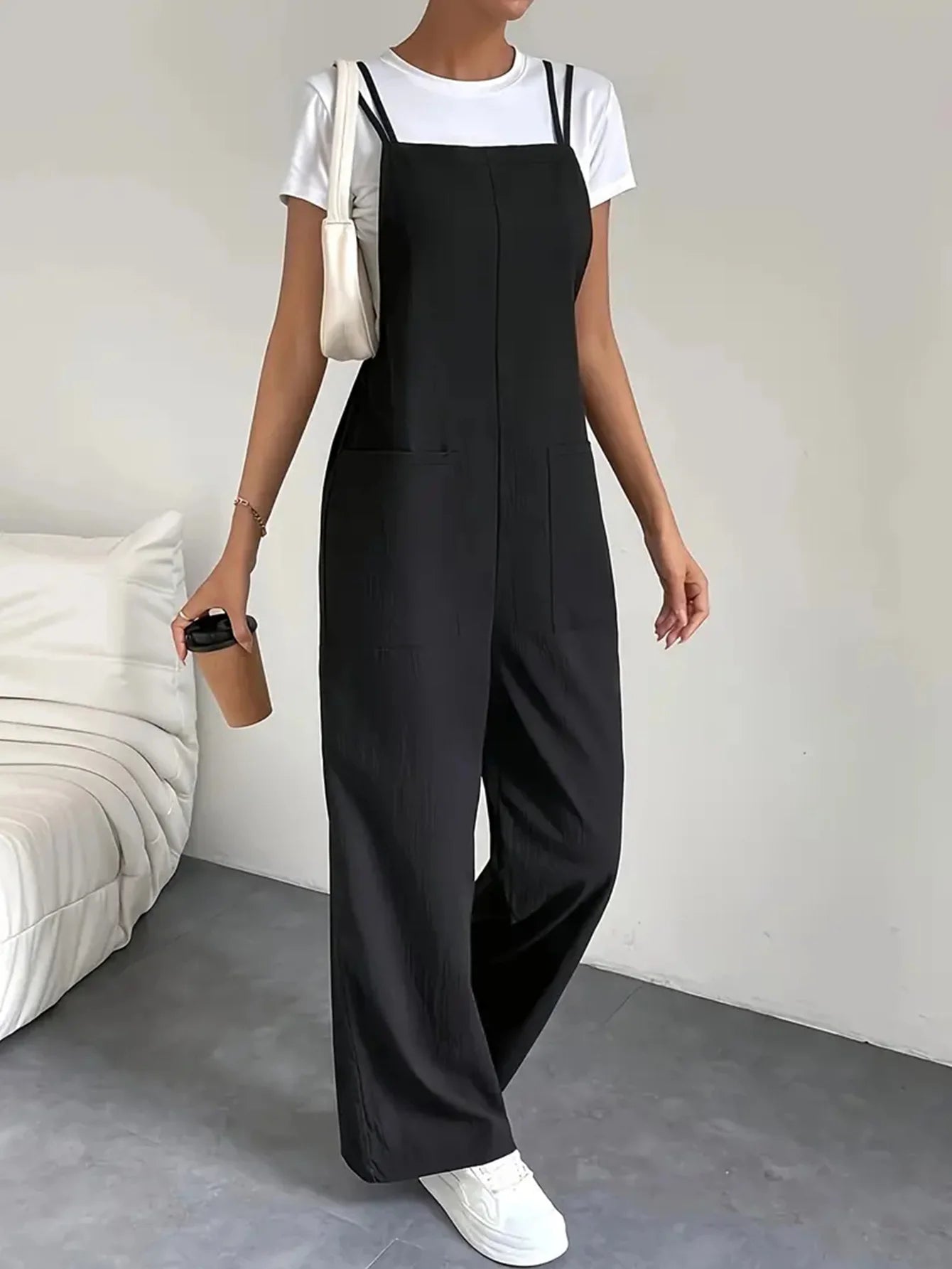 Fashion casual women's pure black jumpsuit