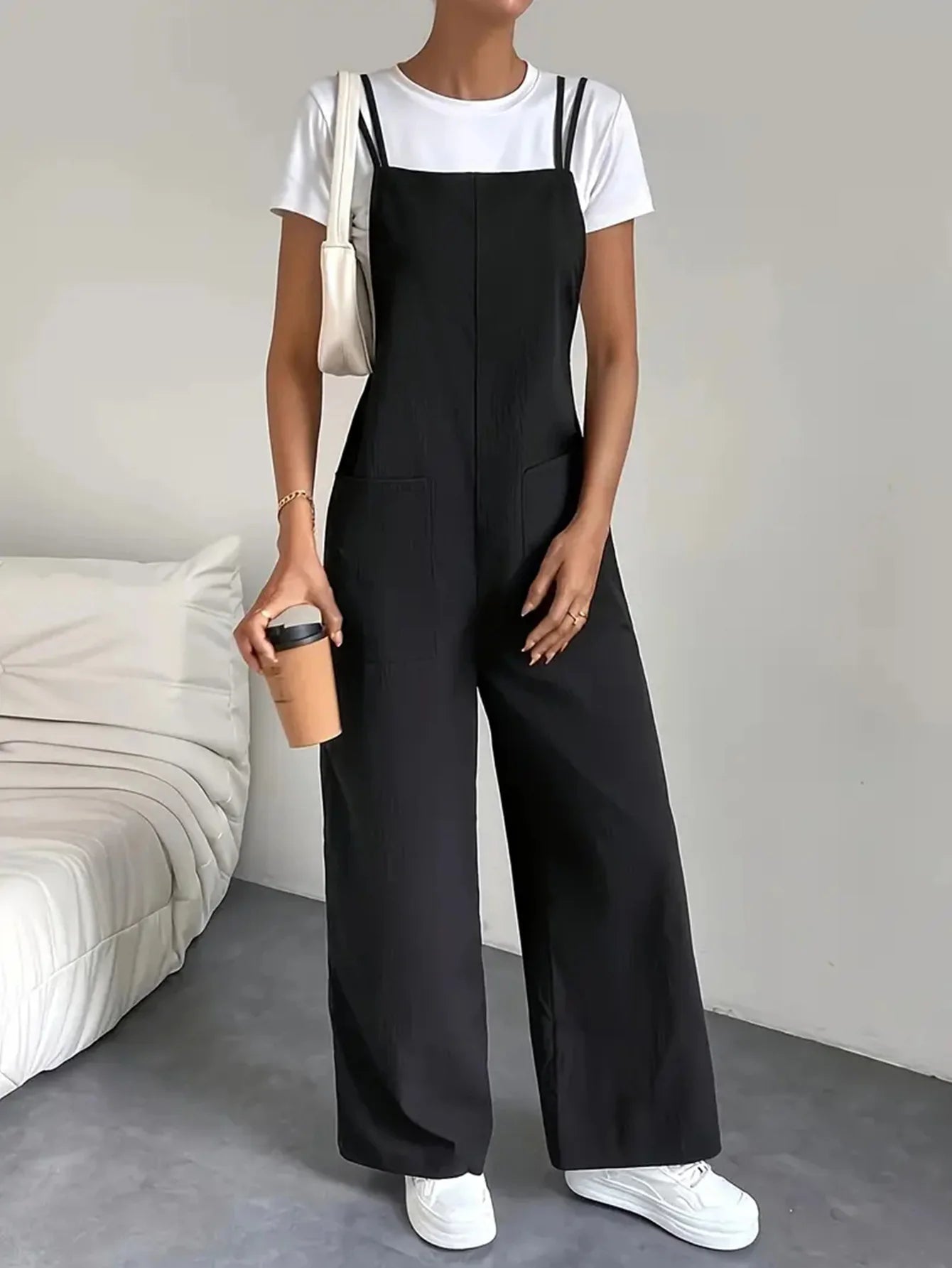 Fashion casual women's pure black jumpsuit