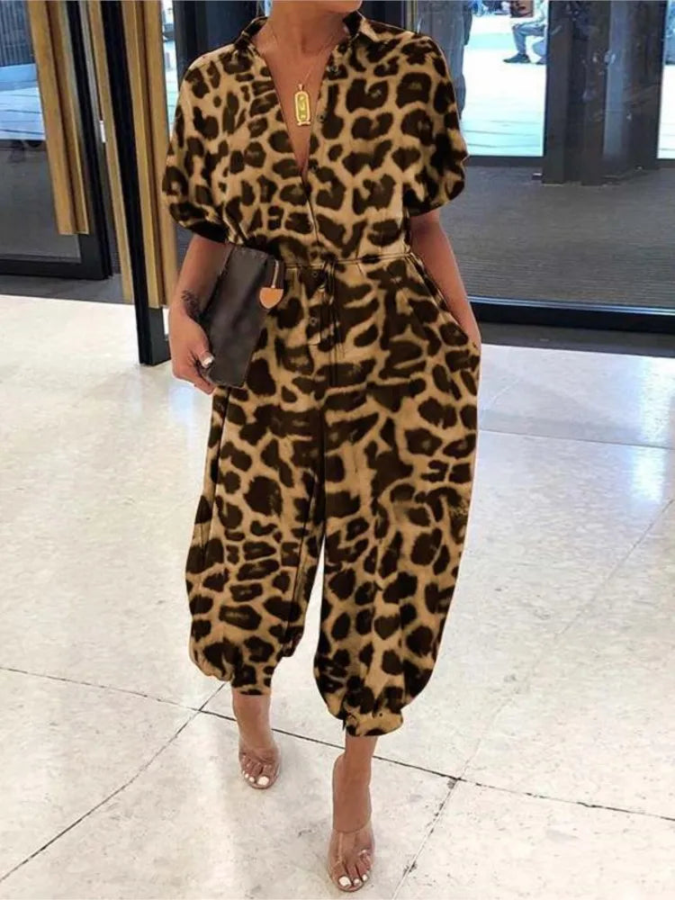 Summer Fashion V-Neck Button Lace-Up Jumpsuit