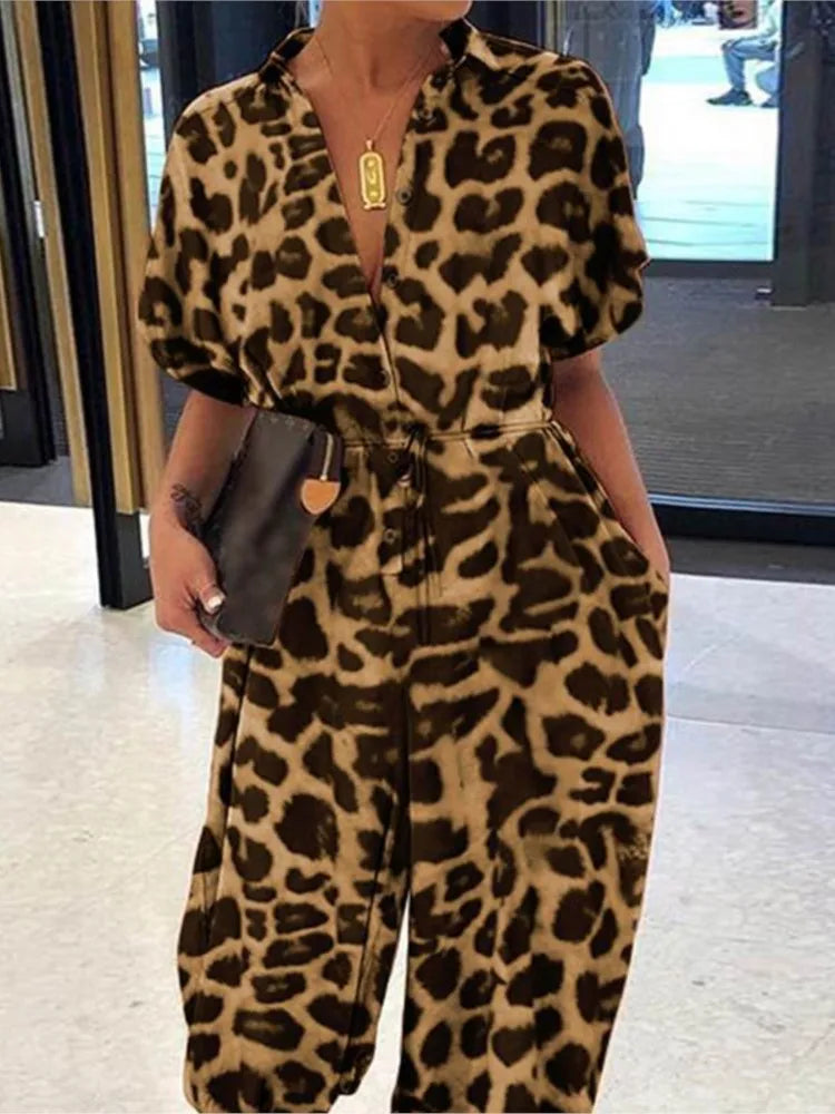 Summer Fashion V-Neck Button Lace-Up Jumpsuit
