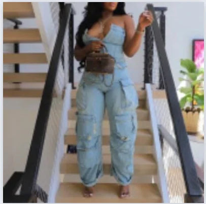 Sexy Fashion Multiple Pockets Strapless Sleeveless Jumpsuit