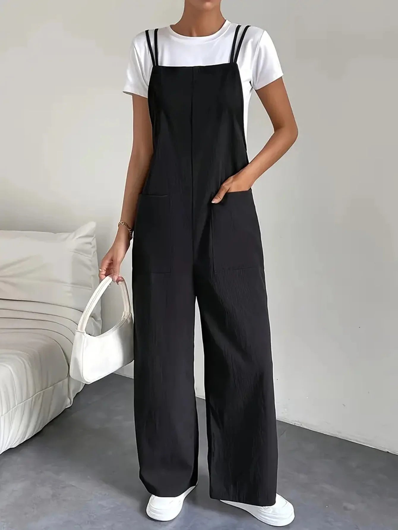 Fashion casual women's pure black jumpsuit