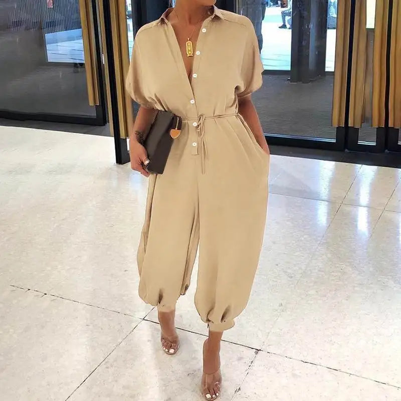 Summer Fashion V-Neck Button Lace-Up Jumpsuit