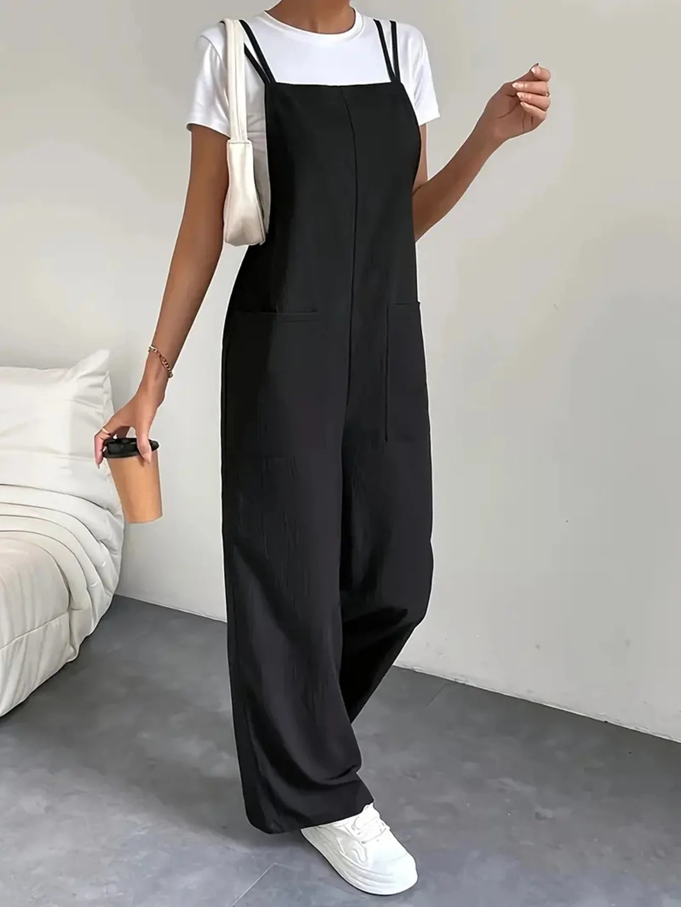 Fashion casual women's pure black jumpsuit