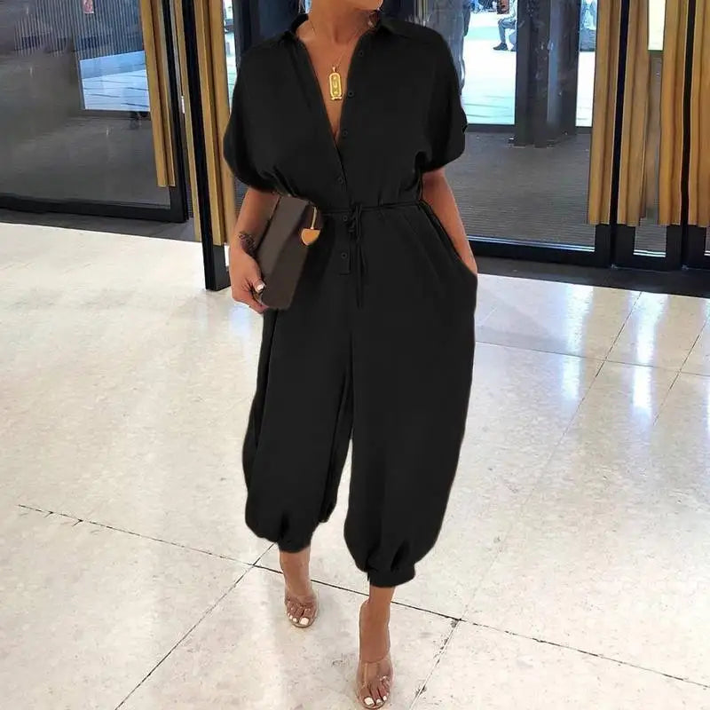 Summer Fashion V-Neck Button Lace-Up Jumpsuit