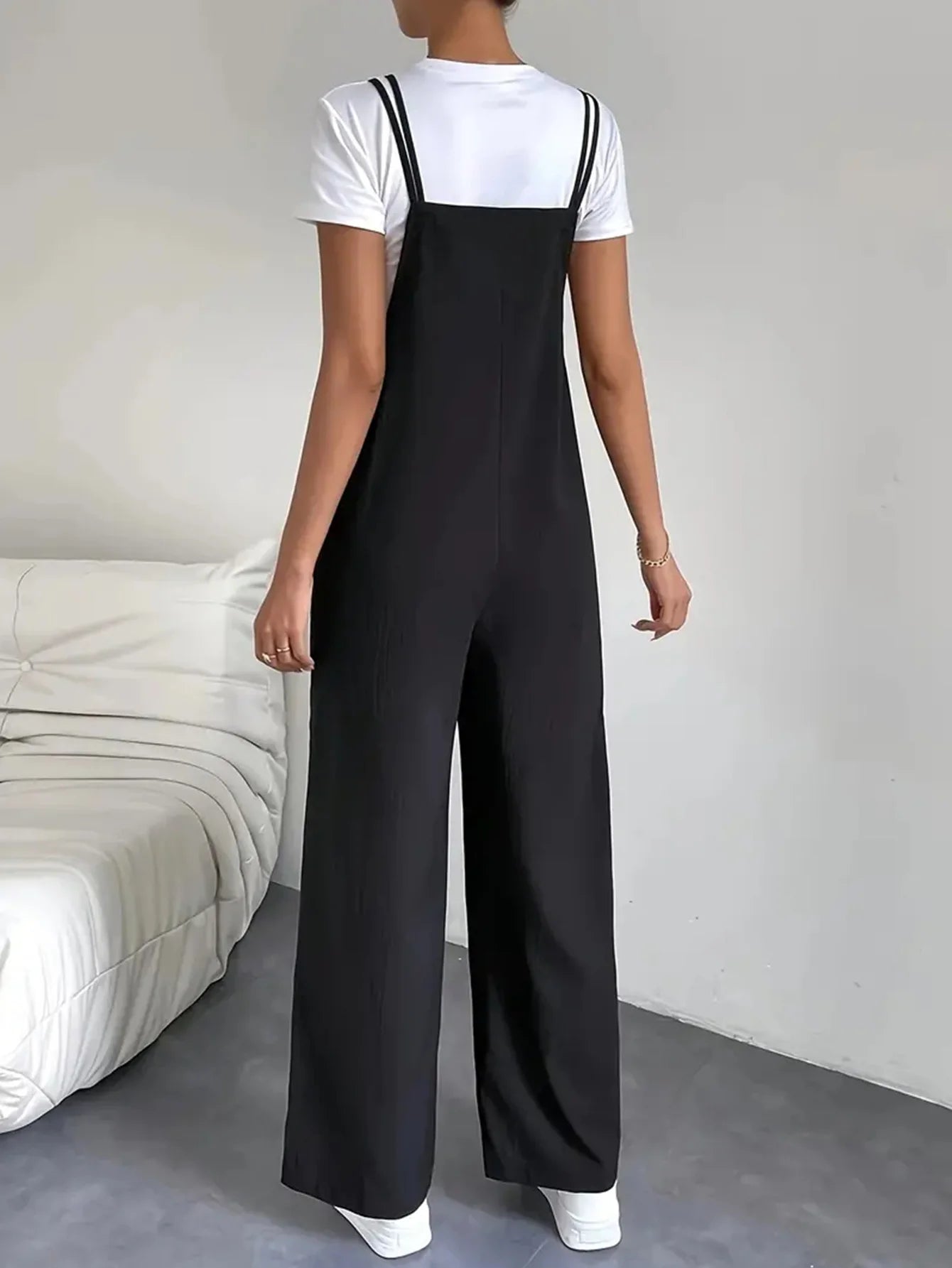 Fashion casual women's pure black jumpsuit