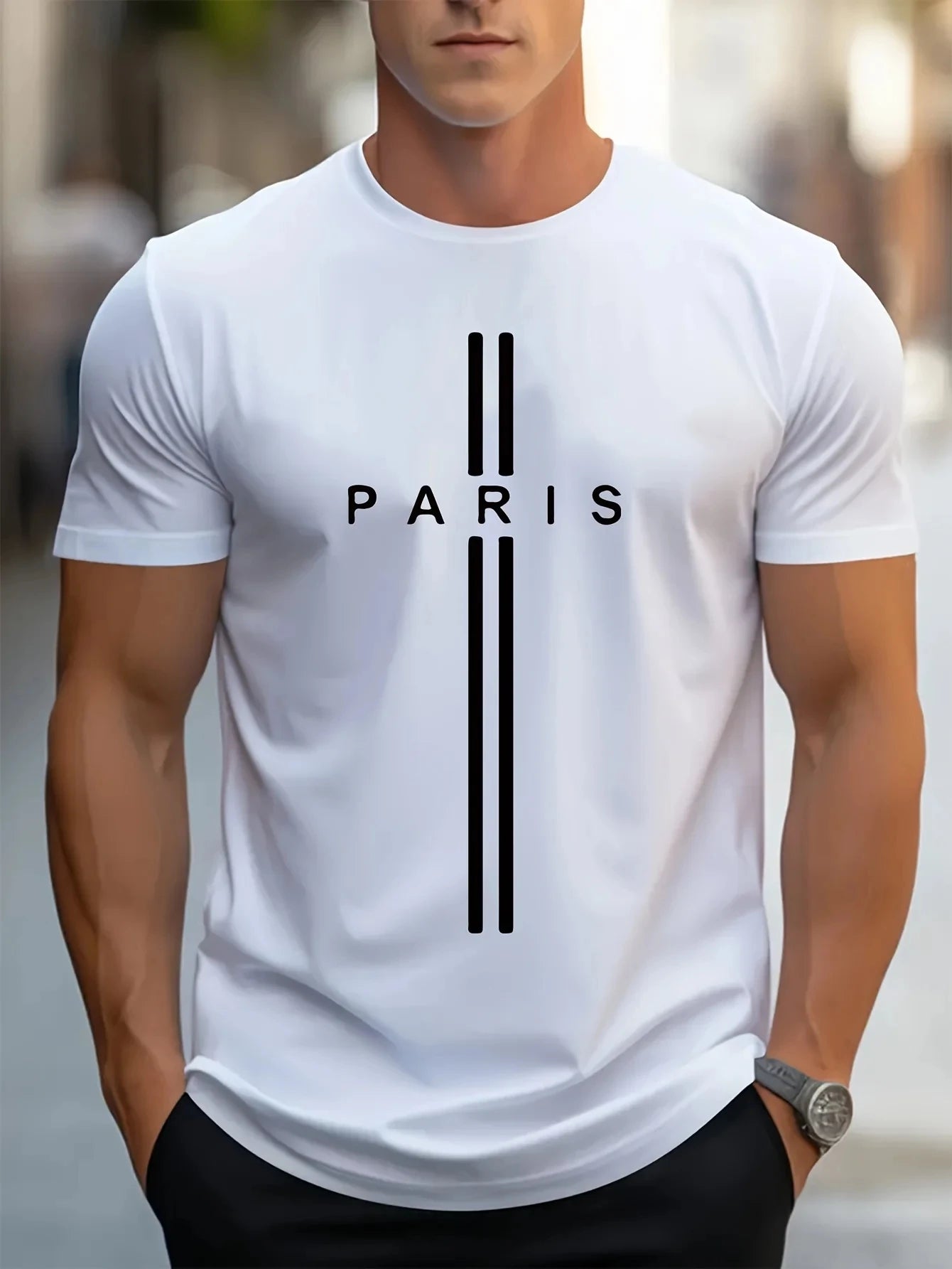 3D printed men's loose summer T-shirt, Paris printed round neck casual tight short sleeved T-shirt