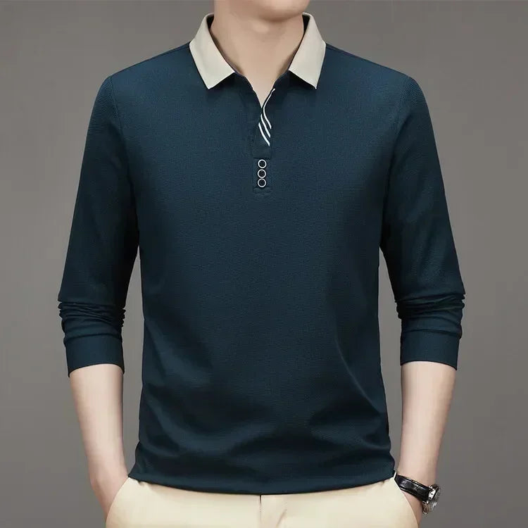 Men's Long Sleeve Turn-down Collar Waffle T-shirt Business Casual Polo Shirt Tee