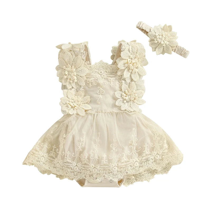 0-18M Infant Baby Girls Bodysuit Summer Sleeveless Square Neck Floral Lace Bodysuit Tops - Head Band