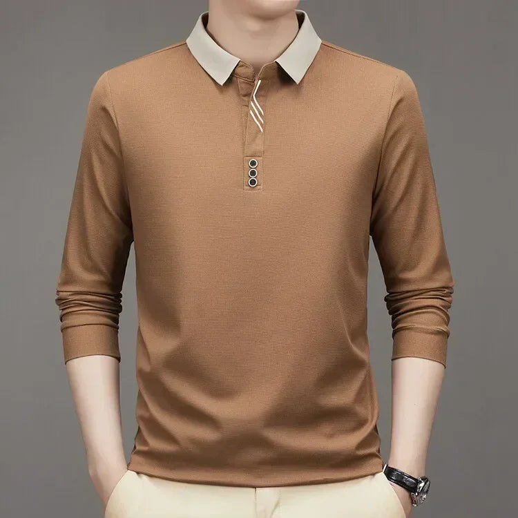 Men's Long Sleeve Turn-down Collar Waffle T-shirt Business Casual Polo Shirt Tee