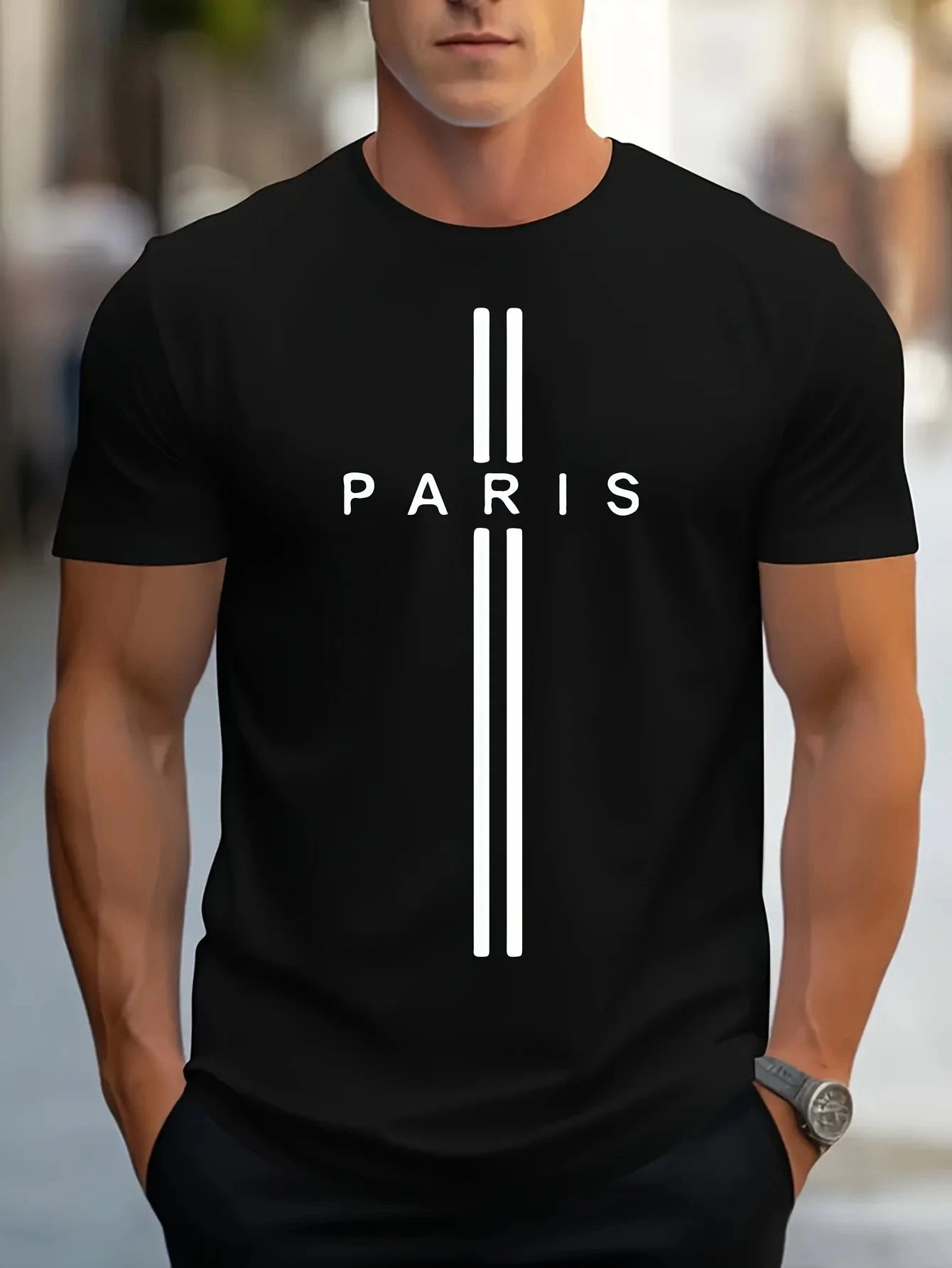 3D printed men's loose summer T-shirt, Paris printed round neck casual tight short sleeved T-shirt