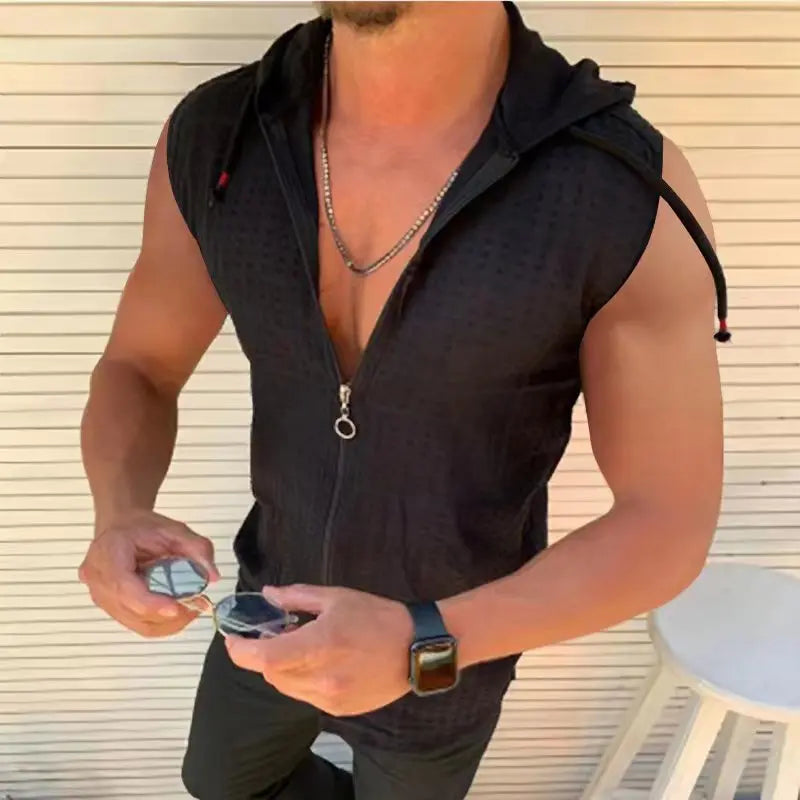 Summer Beach wind Sleeveless zipper hooded T-shirt