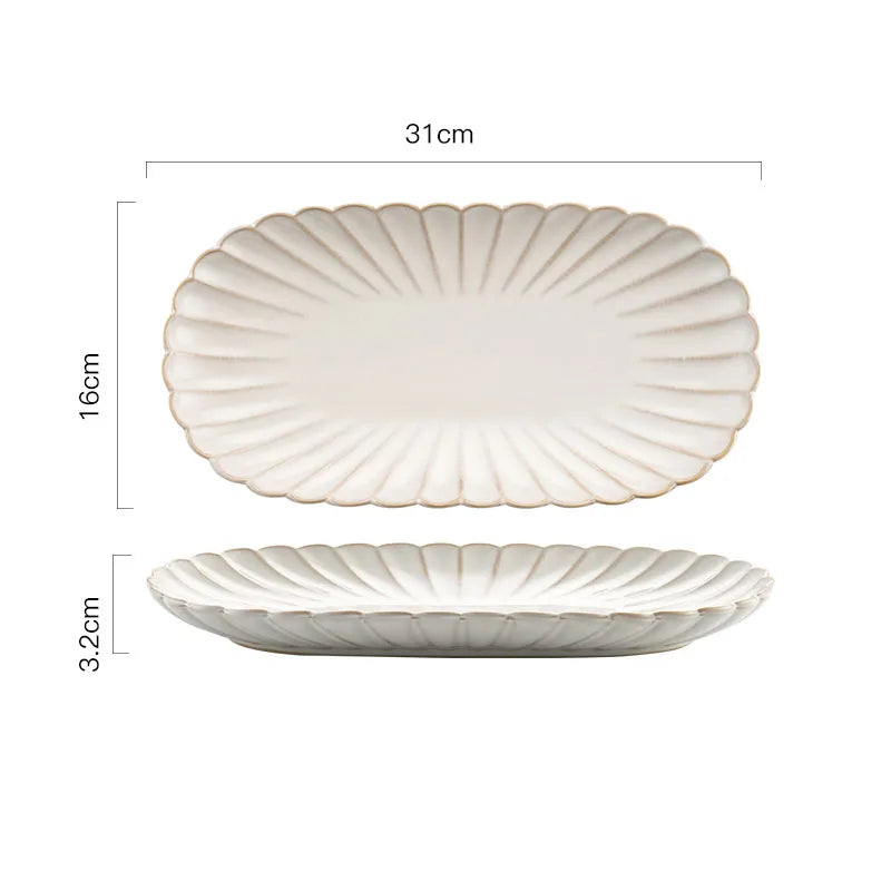 1pcs Retro Ceramic Dishes Plates Fish Dish Plates Manual Flower Relief Living Room Dinner Plate Kitchen Fruit Salad Dish Bowl