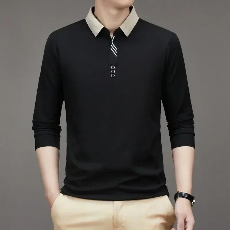 Men's Long Sleeve Turn-down Collar Waffle T-shirt Business Casual Polo Shirt Tee