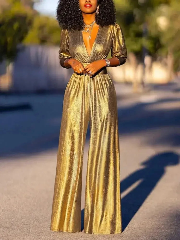 Sexy Deep V-neck High Waisted Wide Leg Jumpsuit