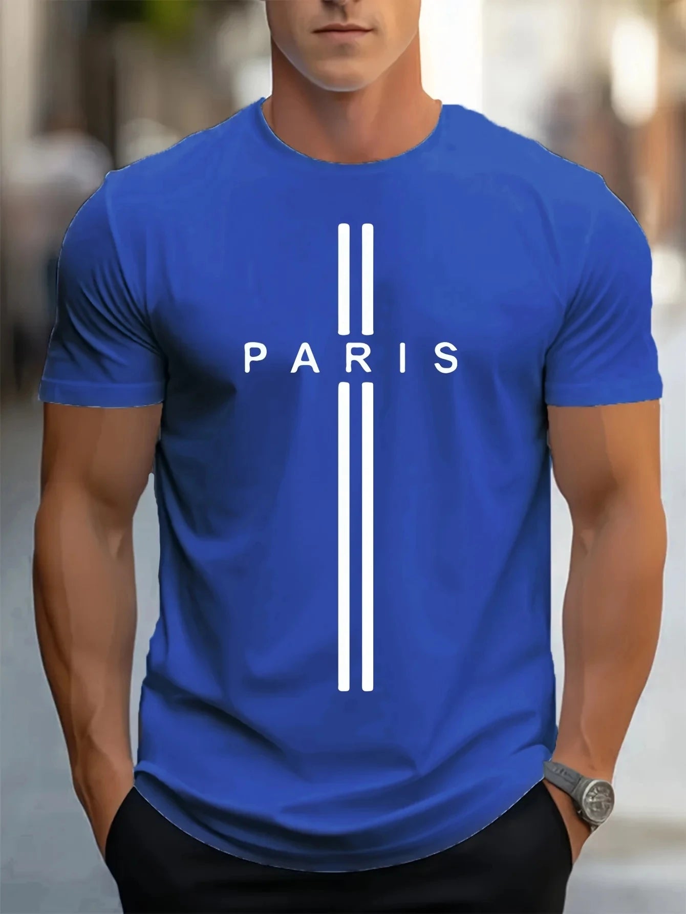 3D printed men's loose summer T-shirt, Paris printed round neck casual tight short sleeved T-shirt