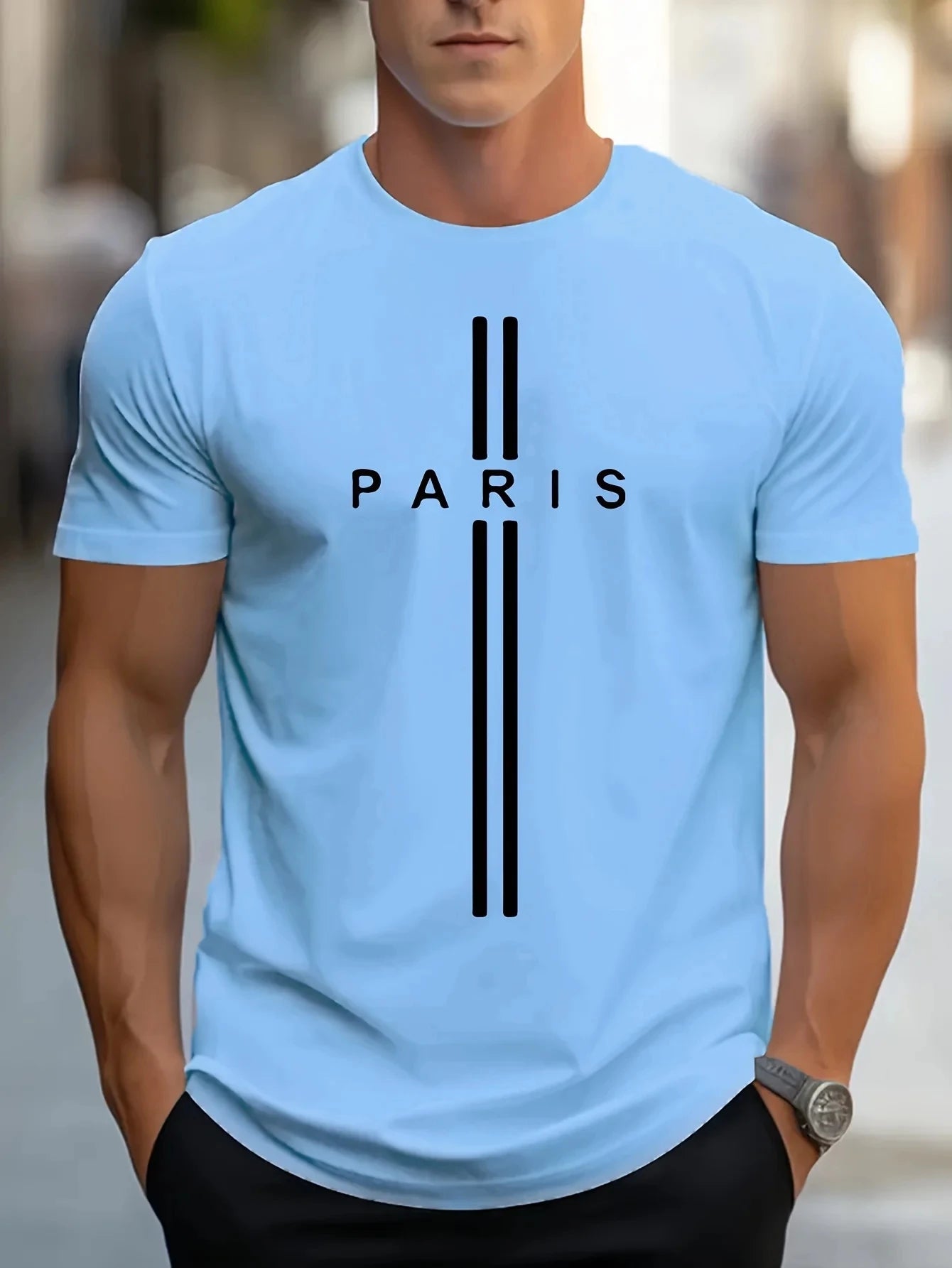 3D printed men's loose summer T-shirt, Paris printed round neck casual tight short sleeved T-shirt