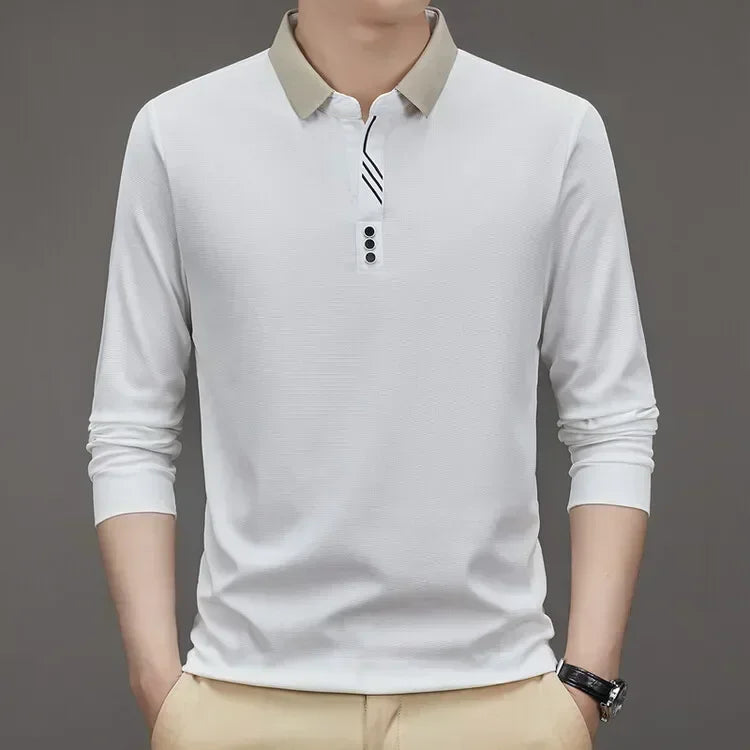 Men's Long Sleeve Turn-down Collar Waffle T-shirt Business Casual Polo Shirt Tee