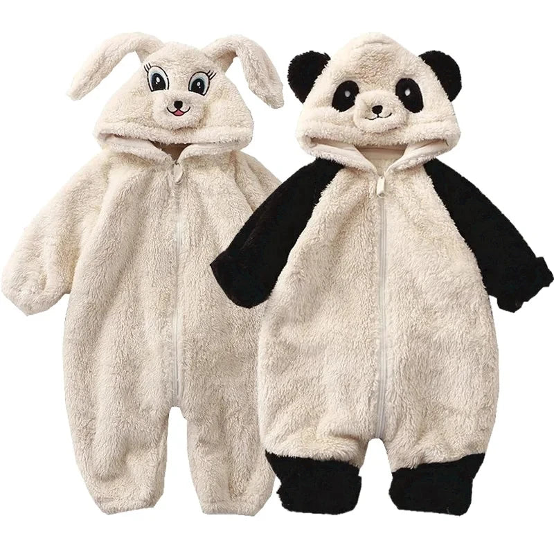 Baby Winter Romper Fleece Cartoon Panda Bunny Hooded Jumpsuit for Boys and  Girl s