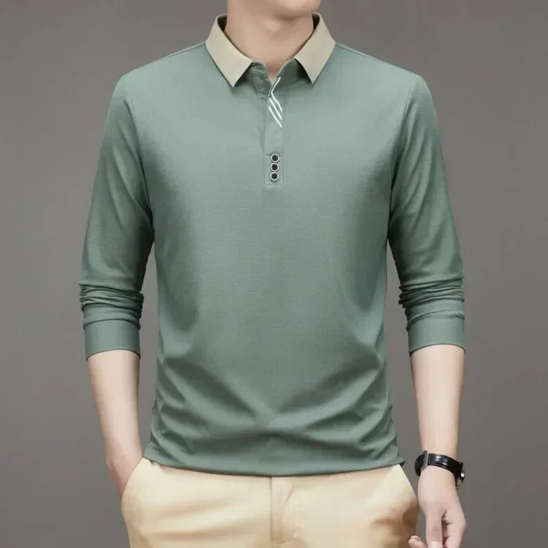 Men's Long Sleeve Turn-down Collar Waffle T-shirt Business Casual Polo Shirt Tee