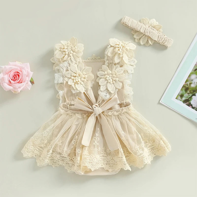 0-18M Infant Baby Girls Bodysuit Summer Sleeveless Square Neck Floral Lace Bodysuit Tops - Head Band