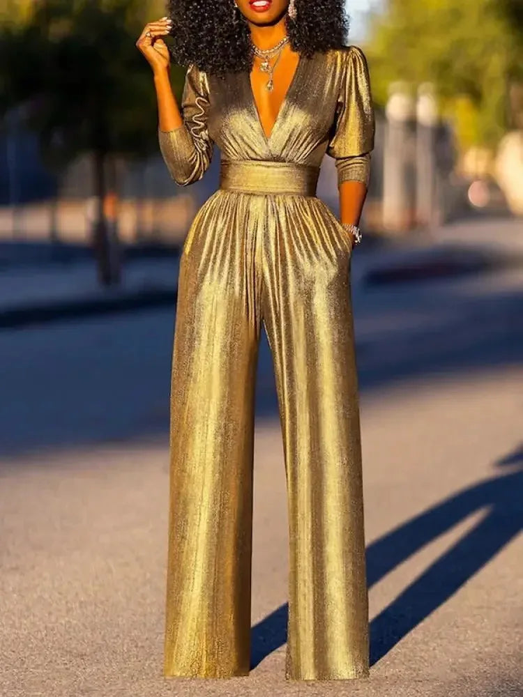 Sexy Deep V-neck High Waisted Wide Leg Jumpsuit