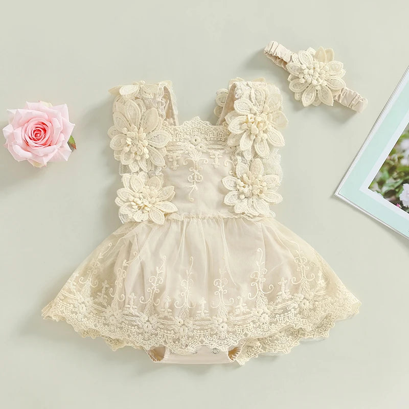 0-18M Infant Baby Girls Bodysuit Summer Sleeveless Square Neck Floral Lace Bodysuit Tops - Head Band